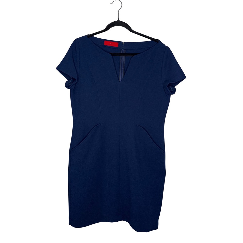 Carolina Herrera Sheath Dress Women 12 Navy Blue Excellent Pockets Split Neck